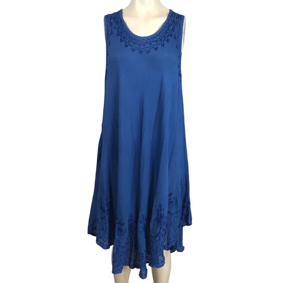 SAKKAS - WOMEN'S FREE SIZE - BLUE EMBROIDERED SLEEVELESS ROUND NECK CAFTAN DRESS - Picture 1 of 9